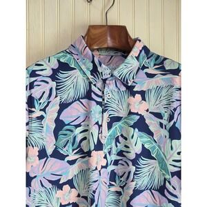 Chubbies Polo Shirt Mens Large Blue Pink Tropical Floral Leaf Print Golf Stretch